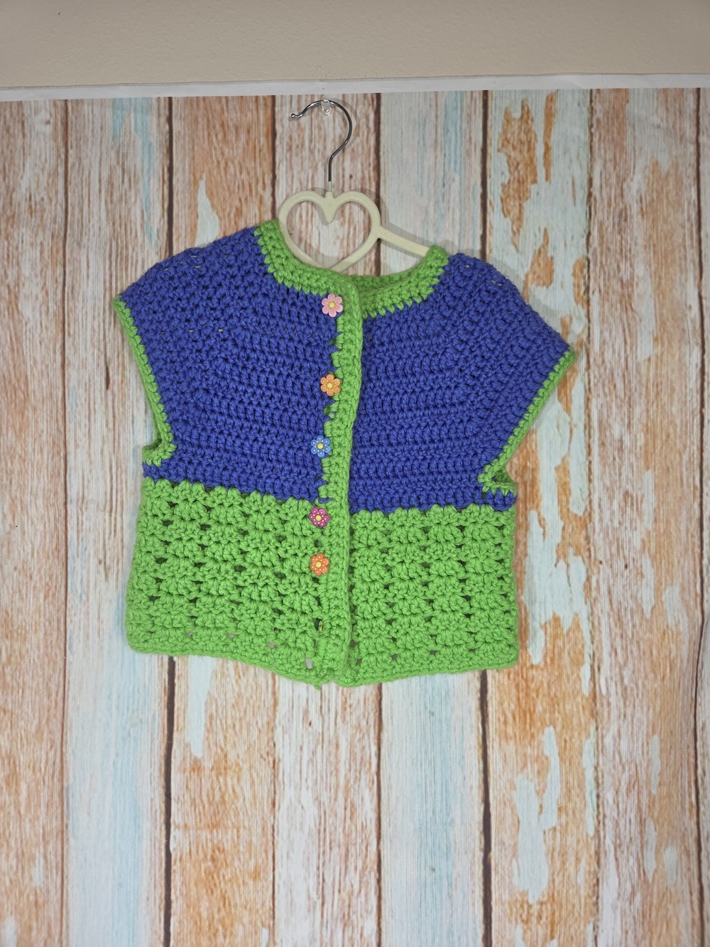 Handmade Blue and Green Crochet Kids Sweater Vest.